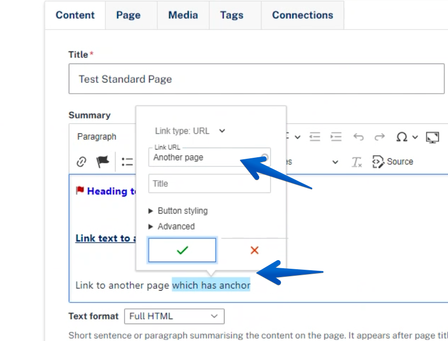 A text highlighted with the Link URL window popped up on top of it.