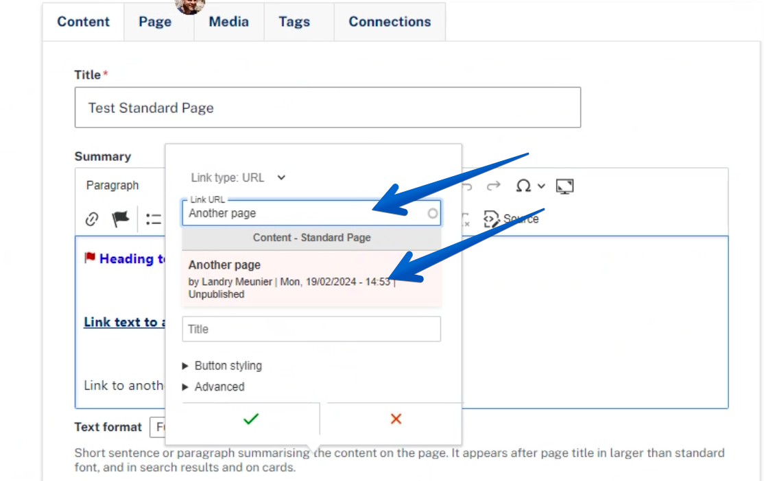 The text 'another page' typed on the Link URL field. A dropdown list of a matching page is shown.