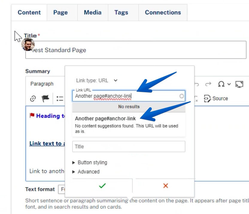 The text 'Another page#anchor-link is typed on the Link URL field. No results appears under the field.