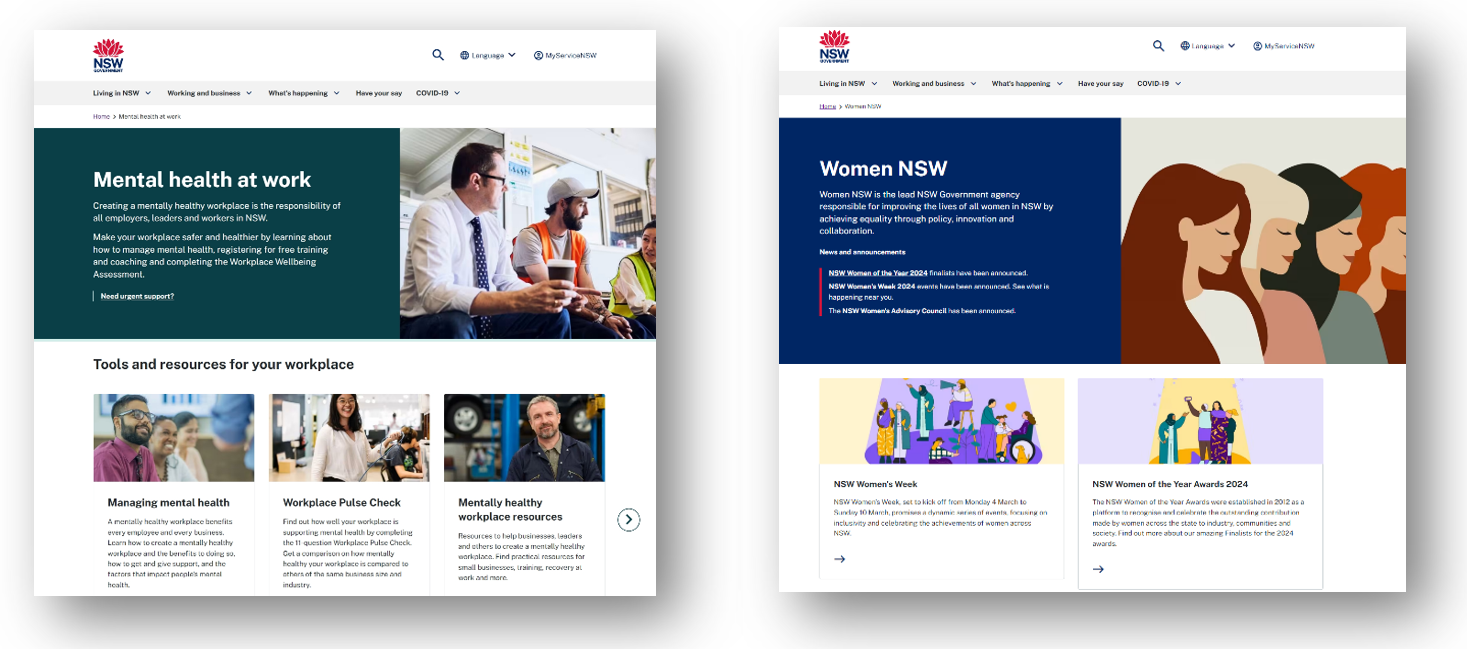 Mental health work landing page using a non-corporate colour palette, and the Women NSW landing page with a masterbrand corporate palette featuring 2d vector graphics.