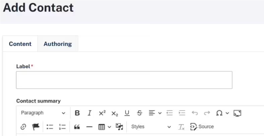 The Add Contact page showing Label, inside the Content tab, as required.