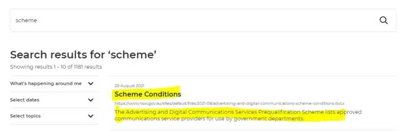 Search results for sheme, showing the Scheme Conditions page and its page description.