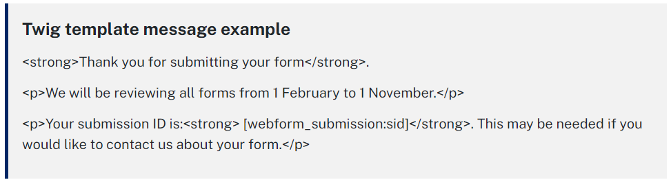 Twig message template with HTML tags used.