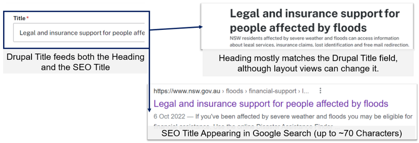The title of a page in Drupal appears as the page heading on nsw.gov.au and as the SEO title of the page in Google Search.