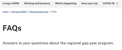 A page for regional gap year with FAQs as the title.