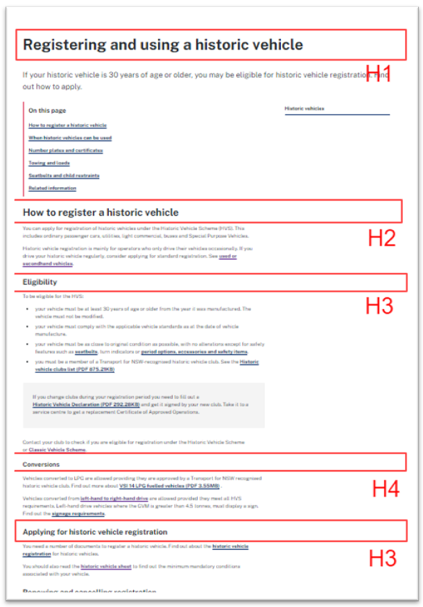 
The page 'Registering and using a historic vehicle' showing correct usage of H2, H3 and H4 headings.