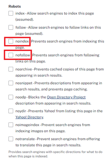 The 'no index' and 'no follow' checkboxes highlighted in the Robots section.