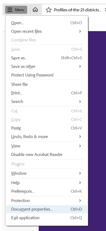 A pdf file showing where Document Properties is located under Menu.