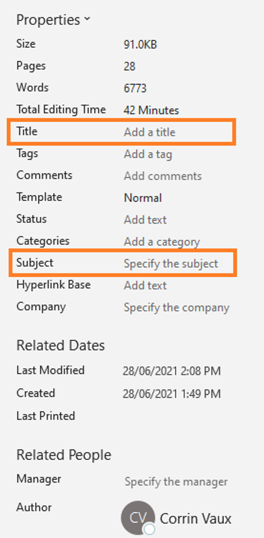 A Word documents Properties highlighting the Title and Subject fields.