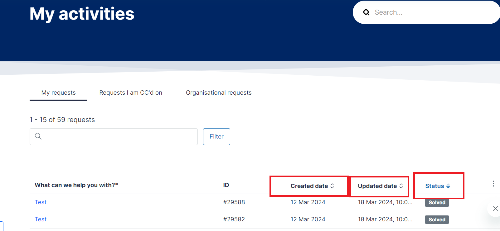 My activities window showing a user's requests. The created date, updated date and status headings can be selected to sort requests by.