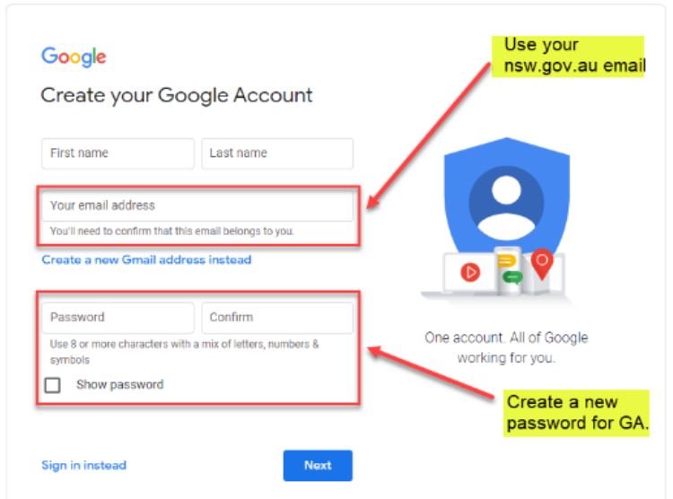 Use your nsw.gov.au email in the email address field, then create a password for your account.